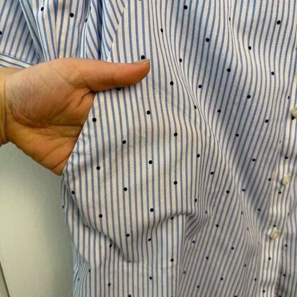 Chico's No Iron Shirt Womens Large White Blue Striped Polka Dot Button Up Preppy - Picture 3 of 6